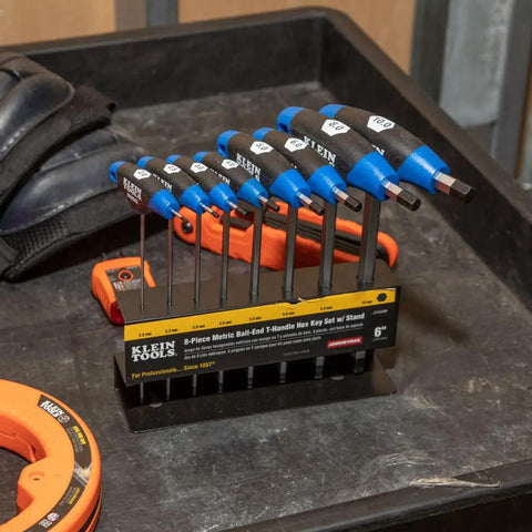 Ball End T Handle Hex Key Set, 8-Piece Metric Allen Wrenches on Stand, visible with ergonomic handles, 2 to 10 mm size range.