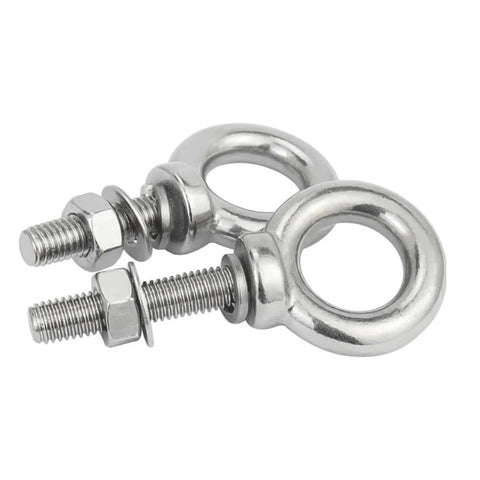 Top Shelf 304 Stainless Steel Eye Nut And Washer Set M3 M4 M5 M6 M8 with polished rings and threaded bolts for heavy duty lifting.