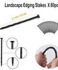 80 spikes from the 2 Inch Garden Edging Kit, 40 Ft Black Landscape Border, shown in fan layout and close-up detail of twisted design.