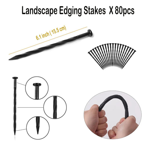 80 spikes from the 2 Inch Garden Edging Kit, 40 Ft Black Landscape Border, shown in fan layout and close-up detail of twisted design.
