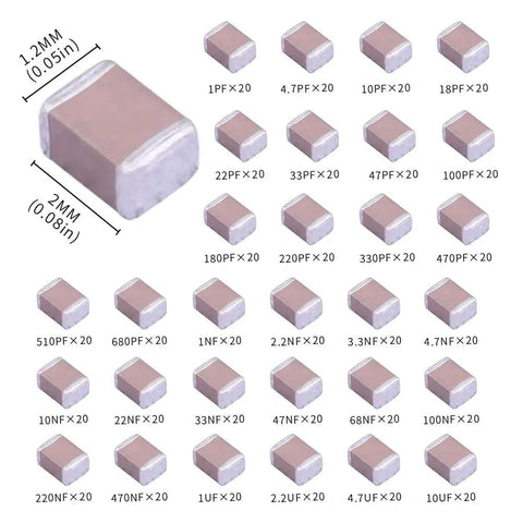 Bulk 600 Piece 30 Value 0805 SMD Capacitor Kit With 1pF To 10uF Range, MLCC Ceramic Chip Capacitors Displayed In Various Values