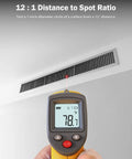 Non Contact Infrared Thermometer Gun For Quick Surface Readings Handheld Digital Temperature Tool With -58 To 788 Fahrenheit Range Easy Aim Trigger Plus Or Minus 1.5 Percent Accuracy Perfect For Cooking Ovens Grills Fridges HVAC Engines shown measuring vent temperature