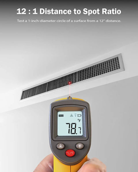 Non Contact Infrared Thermometer Gun For Quick Surface Readings Handheld Digital Temperature Tool With -58 To 788 Fahrenheit Range Easy Aim Trigger Plus Or Minus 1.5 Percent Accuracy Perfect For Cooking Ovens Grills Fridges HVAC Engines shown measuring vent temperature