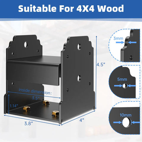 Heavy Duty 6X6 Post Base Featuring Concealed Fasteners For Smooth Kid Friendly Decks With Elevated Concrete Anchoring Support And Built Tough Steel Framing, showing dimensions and designs for 4X4 wood.