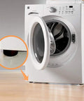 Washing machine on hardwood floor with inset showing non slip furniture pads for hardwood floors or rugs, heavy duty grip leg protectors.