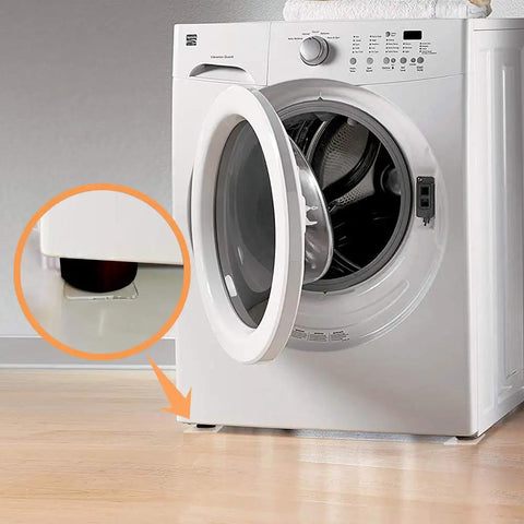 Washing machine on hardwood floor with inset showing non slip furniture pads for hardwood floors or rugs, heavy duty grip leg protectors.