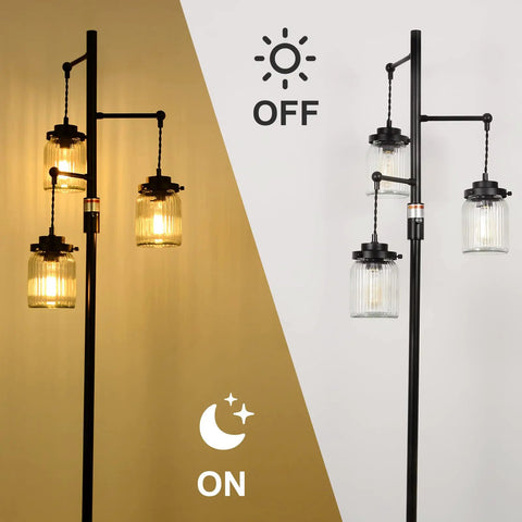 Industrial Farmhouse Floor Lamp With Three Glass Shades, Tall Standing Lamp With Dimmable Switch, Sturdy Black Base In On Off Mode