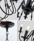 Detail view of Metal 8 Light Candle Style French Country Chandelier Black Farmhouse Pendant Lighting, 30 inch diameter, modern rustic vibe.