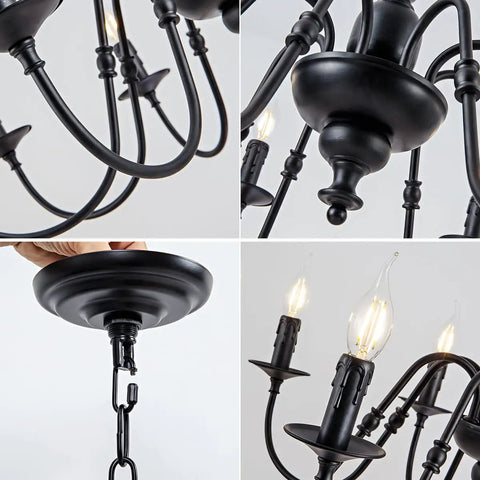 Detail view of Metal 8 Light Candle Style French Country Chandelier Black Farmhouse Pendant Lighting, 30 inch diameter, modern rustic vibe.
