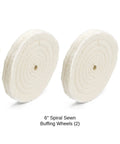 Premium 6 Inch Spiral Sewn Buffing Wheels 2 Pack Thick Cotton Polishing Discs For Metal Finishing Bench Grinder And Rotary Tool Buffer Badass Workhorse Gear showing two spiral sewn cotton buffing wheels.