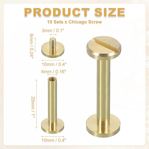 Top Tier Brass Chicago Screw Rivets M4x25mm Phillips Head Studs showcased with size dimensions for DIY projects.