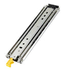 Premium Dead Quiet Heavy Duty Drawer Slides Featuring Smooth As Butter Ball Bearing Glide And Quick Detach Design For Full Extension Cabinet Hardware Built Like A Tank with yellow latch and metallic finish.