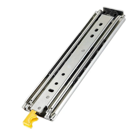 Premium Dead Quiet Heavy Duty Drawer Slides Featuring Smooth As Butter Ball Bearing Glide And Quick Detach Design For Full Extension Cabinet Hardware Built Like A Tank with yellow latch and metallic finish.
