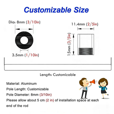 Diagram of Heavy Duty Aluminum Shelf Rail System Built Tough As Nails with customizable aluminum rod measurements.