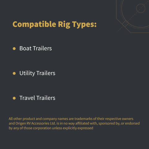 Text listing compatible rig types for Donut RV Wheel Dock And Leveling Aid For Tongue Jacks, Stabilizer Blocks That Prevent Shifting And Sinking.