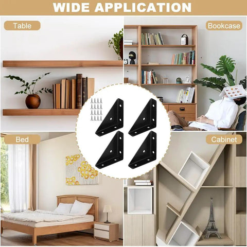 Set Of Four Heavy Duty Corner Brace Brackets With Screws For Reinforcing Furniture Cabinets Bookshelves And Tables Right Angle Shelf Supports in various room settings.