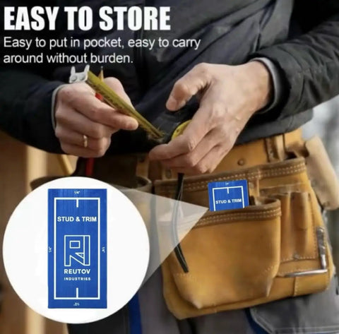 Person storing Magnetic Stud Finder With Trim Reveal Gauges For 1/4 Inch And 1/2 Inch, Plus 1/8 Inch Door Gap Gauge, in tool belt pouch.
