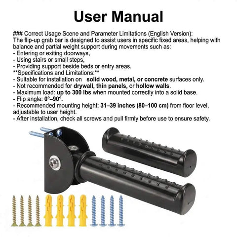 User manual for Tough Folding Grab Bars For Stairs And Doorways detailing installation, maximum load, and usage instructions.