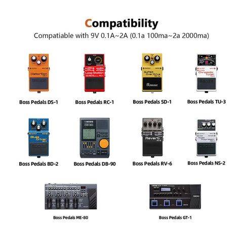 Image of various Boss guitar pedals compatible with the Versatile 9V AC DC Power Supply Adapter For A Wide Range Of Guitar Effects Pedals And Pedalboards Quiet Stable DC Output Universal Power Solution For Studio Rehearsal And Live Gigging Musicians