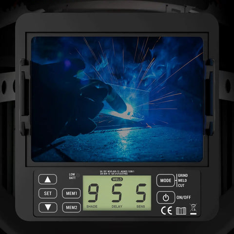 Display showing Flip Up 180 Degree Panorama Welding Helmet With True Color View Solar Powered Auto Darkening Hood in use