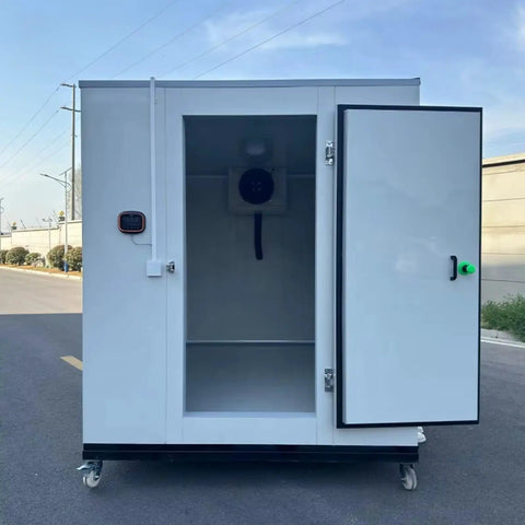 Heavy Duty Portable Blast Freezer Walk In Cold Room High Capacity Rapid Freezing System Mobile Commercial Industrial Food Storage Solution with open door and cooling unit visible.