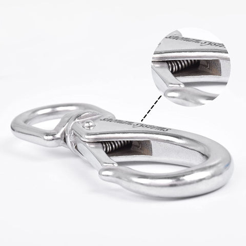 Close-up of Beefy Large Stainless Steel Swivel Snap Hooks 4.6 Inch Heavy Duty Boat Clips two pack, showing spring mechanism.