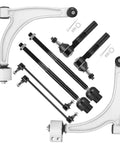 Front lower control arm suspension kit with ball joints and tie rods; eight pieces, silver arms and black rods