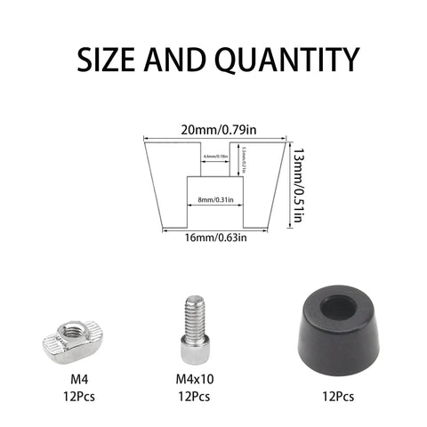 12 Piece Anti Vibration Rubber Feet Set With T Nut Screws And Wrench For 2020 Series Aluminum Extrusion 3D Printer Parts, 20mm x 13mm