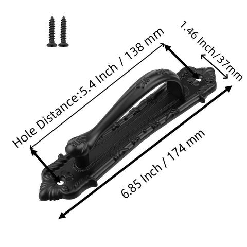 Vintage Black Sliding Barn Door Handle With Screws, Rustic Zinc Alloy Door Pull For Cabinets Gates Closets Sheds, Sturdy Metal Door Hardware 6.85 Inch Length, 5.4 Inch Hole Spacing shown with dimensions.