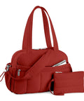 Maroon Lightweight Travel Duffel Bag For Women With Wet Pocket And Luggage Sleeve Puffer Gym Tote With Dual Straps Water Resistant