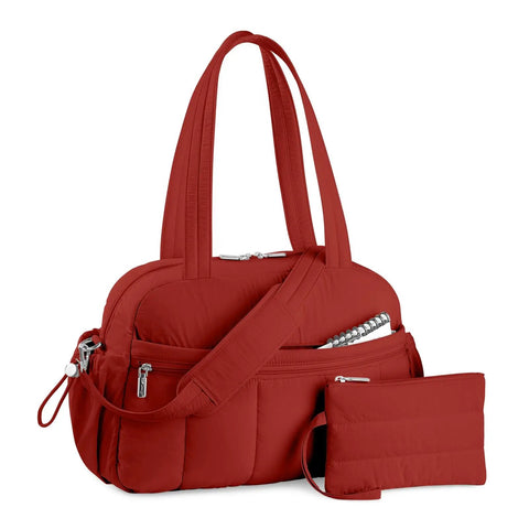 Maroon Lightweight Travel Duffel Bag For Women With Wet Pocket And Luggage Sleeve Puffer Gym Tote With Dual Straps Water Resistant