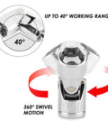 Nineteen Piece Quarter Inch Drive Universal Joint Socket Set With Swivel Wobble, Chrome Vanadium steel, showing swivel motion