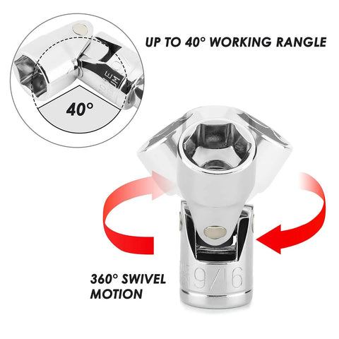 Nineteen Piece Quarter Inch Drive Universal Joint Socket Set With Swivel Wobble, Chrome Vanadium steel, showing swivel motion