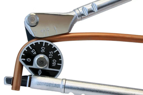 Lever Tube Bender For Three Eighths Inch Tubing With Cushioned Grip Handles And Integrated Bend Angle Markings