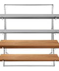Heavy Duty Four Tier Horizontal Lumber Storage Rack For Garage Built Like A Tank Holds Wood Boards Firmly Up To 440 Pounds Rust Resistant Silver Garage Boss with silver arms and wooden shelves.