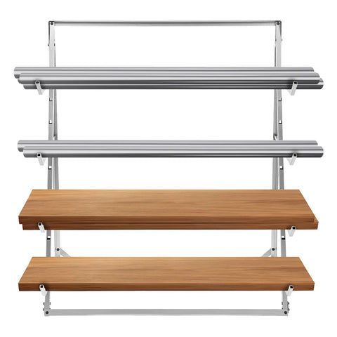 Heavy Duty Four Tier Horizontal Lumber Storage Rack For Garage Built Like A Tank Holds Wood Boards Firmly Up To 440 Pounds Rust Resistant Silver Garage Boss with silver arms and wooden shelves.