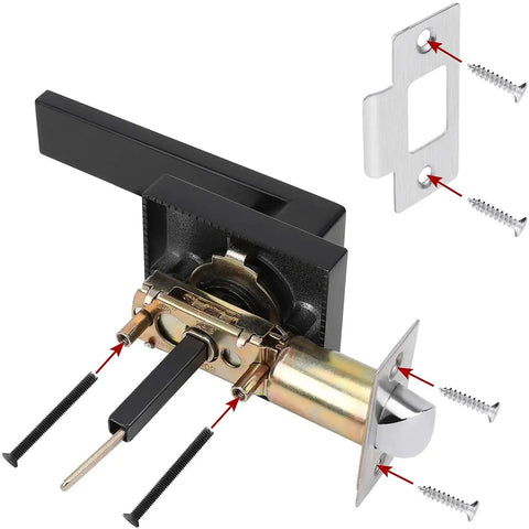 Heavy Duty Front Door Lever Handle Set With Lock In Matte Black, showing zinc alloy components and installation screws