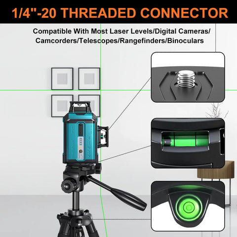 Lightweight Aluminum Laser Level Tripod with Handy Portable Handle and Bubble Level Pro Grade Quick Release Plate features.