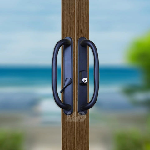 Sliding Glass Patio Door Offset Pull Handle Set With Keys Replacement For 3 15/16 Inch Hole Spacing And 1 1/4 To 2 1/4 Inch Door Thickness, Black Finish