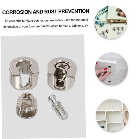 Heavy Duty Eccentric Cabinet Connectors And Screw In Dowel Pins with screw and silver finish for secure panel connections.