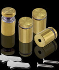 Premium Gold Standoff Screws For Acrylic Signs Rock Solid Display Hardware, four brass standoff screws with mounting screws and anchors.