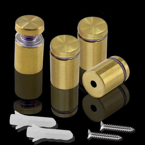 Premium Gold Standoff Screws For Acrylic Signs Rock Solid Display Hardware, four brass standoff screws with mounting screws and anchors.
