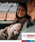 Happy passengers with dog in car, showcasing HEPA Cabin Air Filter For Acura And Honda Cars With Odor Free True Clean Air Easy Install.