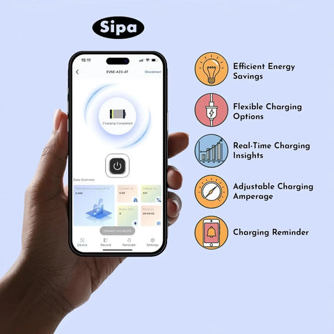 Smart mobile app interface showing charging status for Next Level Smart EV Charger 11.5KW 48Amp Level Two Electric Vehicle Charging Station.