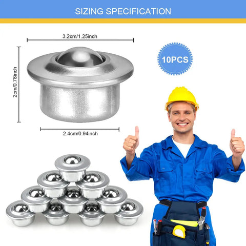 Hella Durable Stainless Steel Roller Balls 10 Pack Universal Swivel Casters sizing specification image with dimensions.