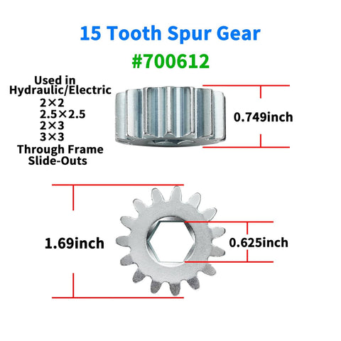 Easy Swap Replacement 15 Tooth Spur Gear For Lippert RV Slide Out Systems, dimensions and specifications shown