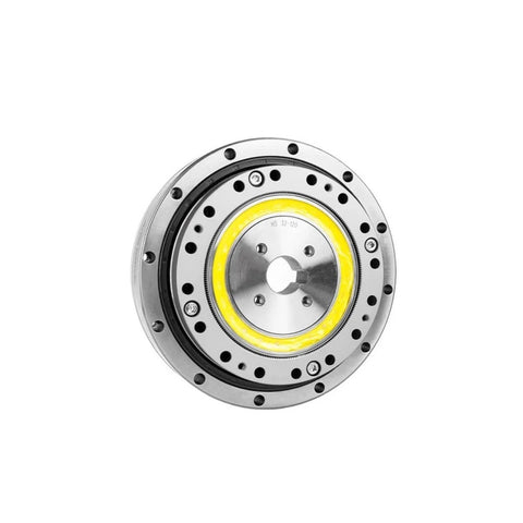 Front view of SHF 32 III High Precision Strain Wave Gear Reducer for automation robots, features compact design and durable metal casing.