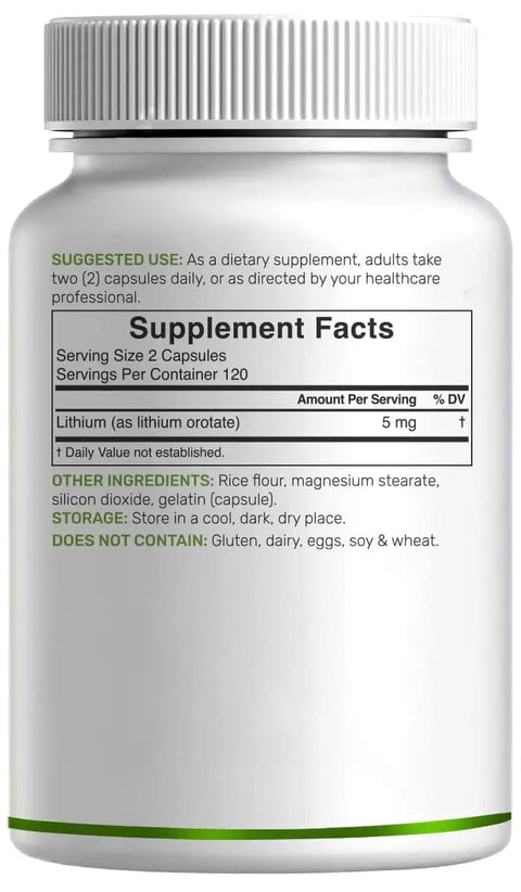 Supplement bottle displaying nutrition facts for Low Dose 5mg Lithium Orotate Capsules For Gentle Absorption And Big Bioavailability, Stable Mineral Salt Form, Non GMO Gluten Free, 240 Count For Everyday Wellness And Balanced Mood Support.