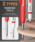 Built Like A Tank Carpenter Pencil Set With Sharpener And Eraser Includes Two Wide Marking Sticks Twenty Six Colored Refills Three Deep Hole Markers Plus Snug Storage Case For Real World Job Site Grind showing red marking tools with measurements.