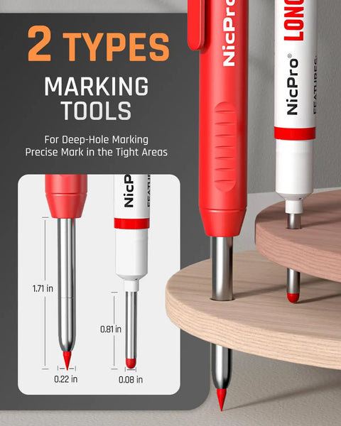Built Like A Tank Carpenter Pencil Set With Sharpener And Eraser Includes Two Wide Marking Sticks Twenty Six Colored Refills Three Deep Hole Markers Plus Snug Storage Case For Real World Job Site Grind showing red marking tools with measurements.